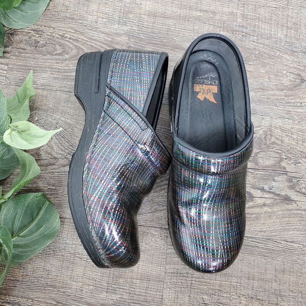 Dansko XP Shoes Clogs Leather Metallic Criss Cross Professional Work Black Work
